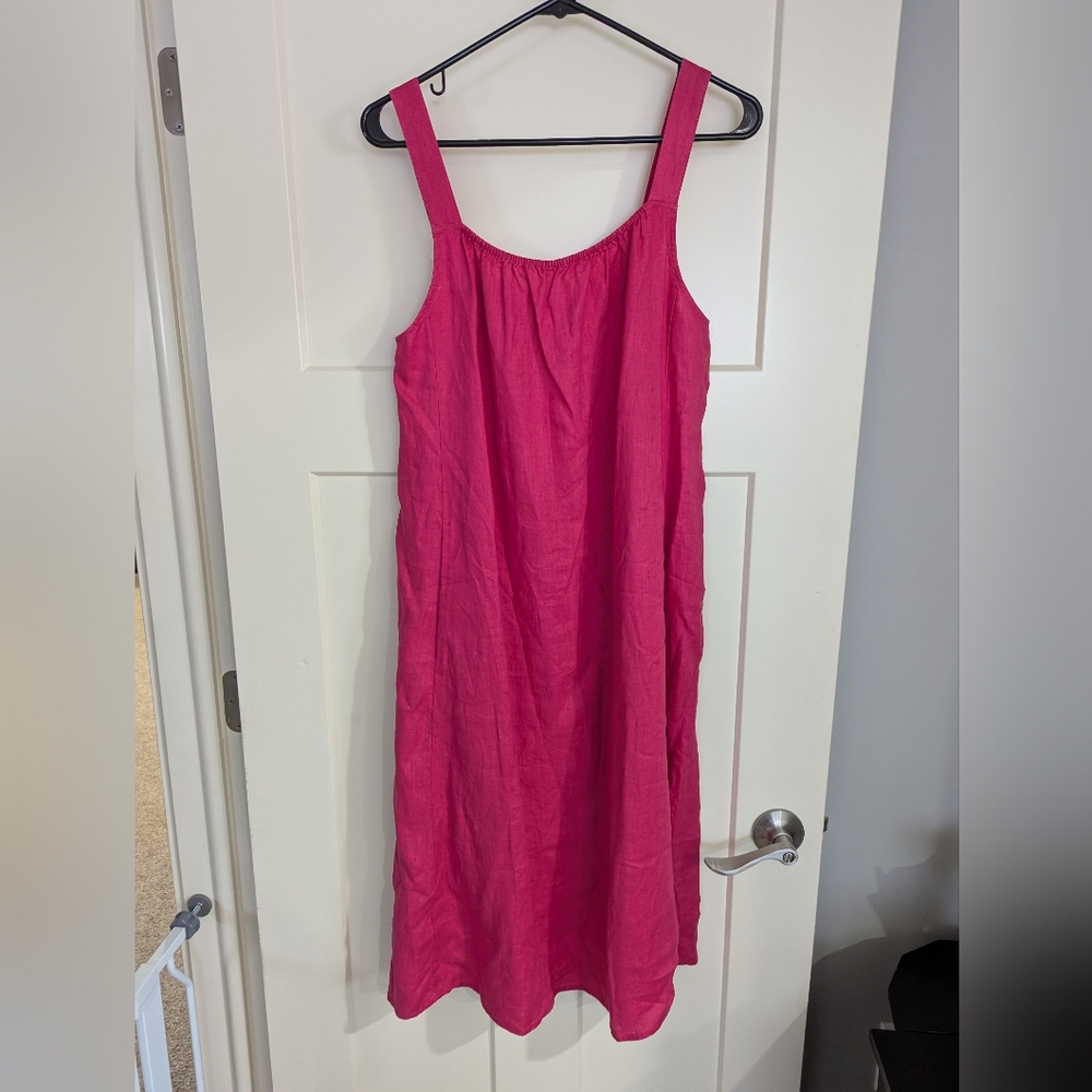 NWT Eileen Fisher 100% Organic Linen Barbie Pink Peasant Dress w/ Pockets